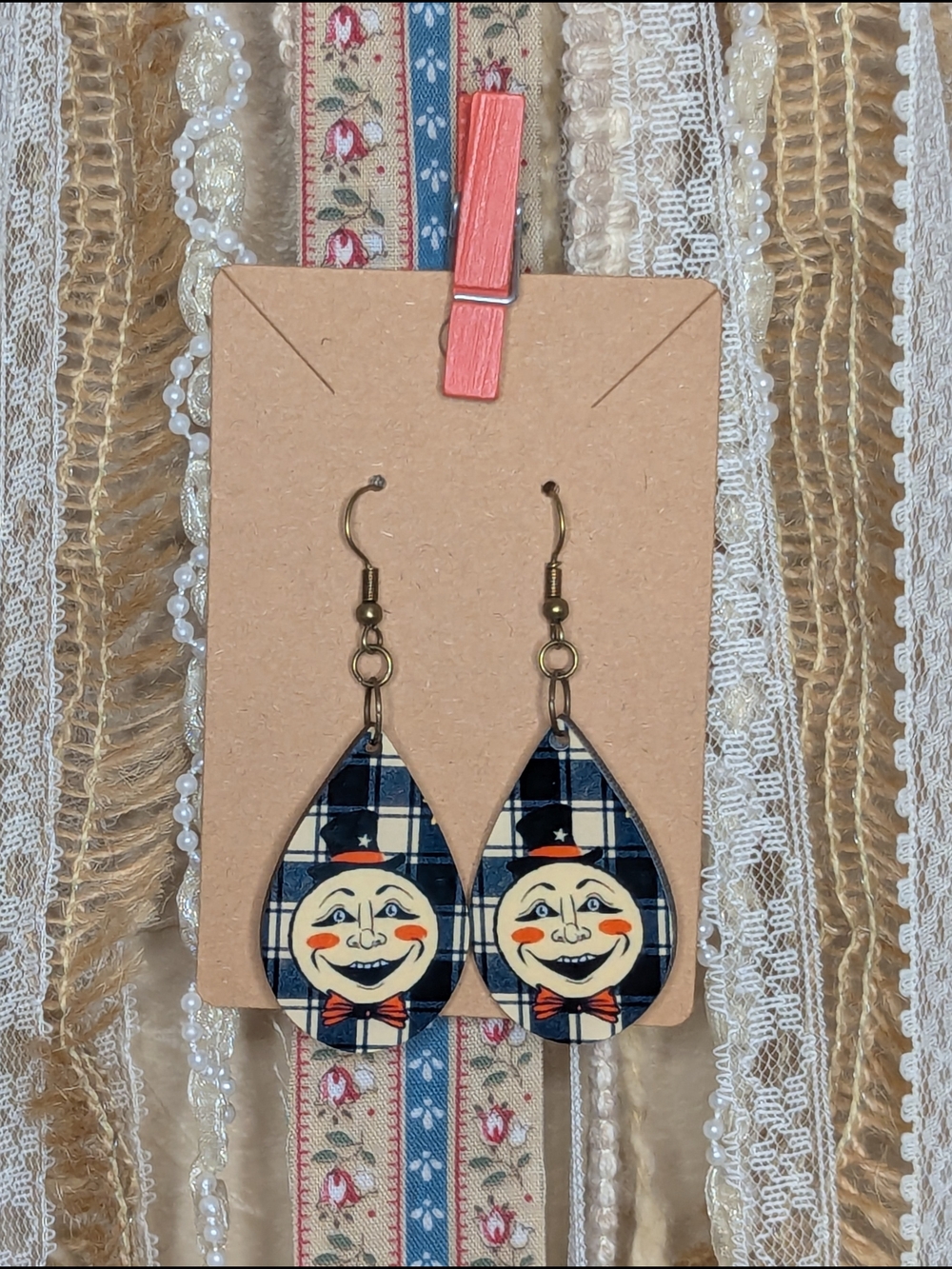 Halloween Moon Face Plaid Teardrop Earrings - Sublimation
